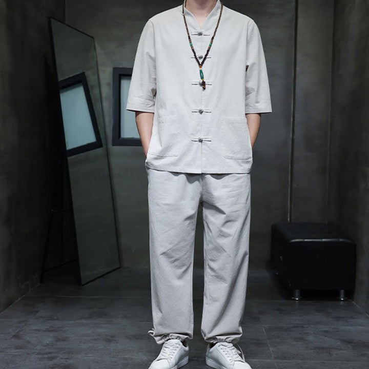 Set di 2 pezzi di tuta da uomo in cotone e lino con bottoni a rana, camicia e pantaloni con tasche, per meditazione, Buddha Stones
