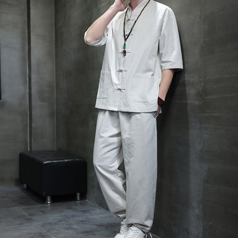 Set di 2 pezzi di tuta da uomo in cotone e lino con bottoni a rana, camicia e pantaloni con tasche, per meditazione, Buddha Stones