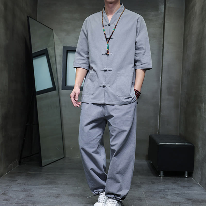 Set di 2 pezzi di tuta da uomo in cotone e lino con bottoni a rana, camicia e pantaloni con tasche, per meditazione, Buddha Stones