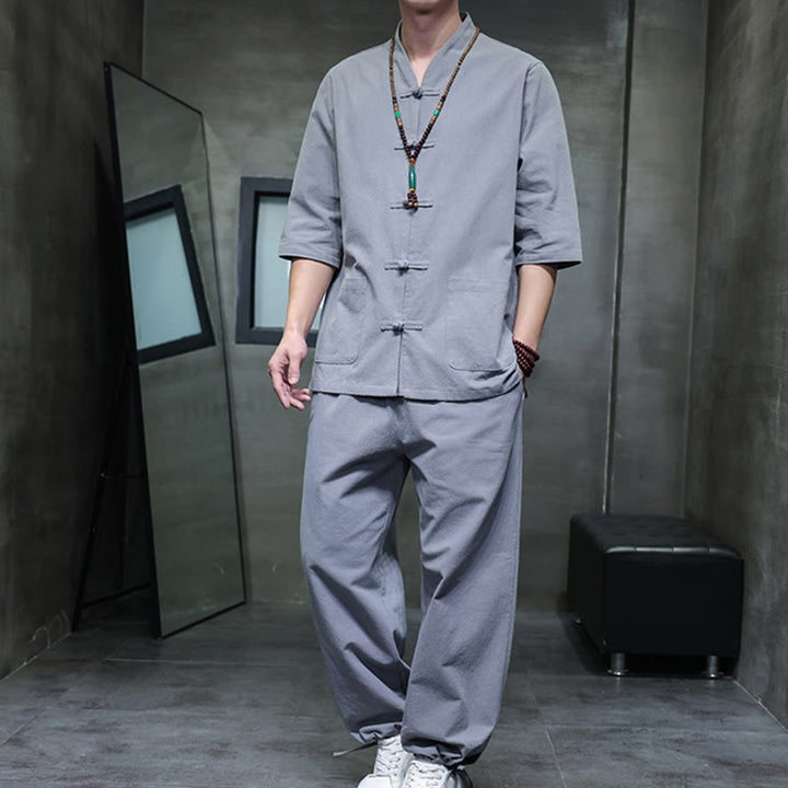 Set di 2 pezzi di tuta da uomo in cotone e lino con bottoni a rana, camicia e pantaloni con tasche, per meditazione, Buddha Stones