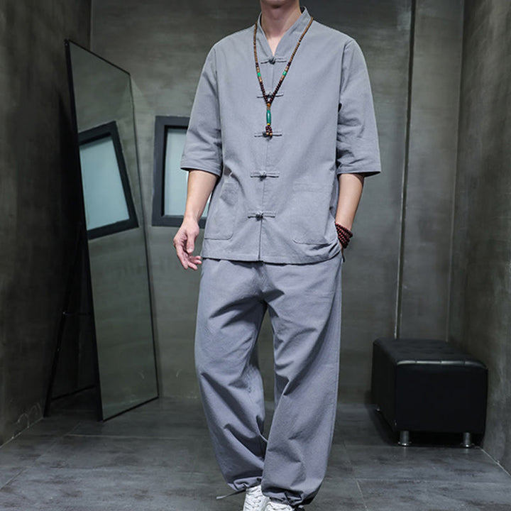 Set di 2 pezzi di tuta da uomo in cotone e lino con bottoni a rana, camicia e pantaloni con tasche, per meditazione, Buddha Stones