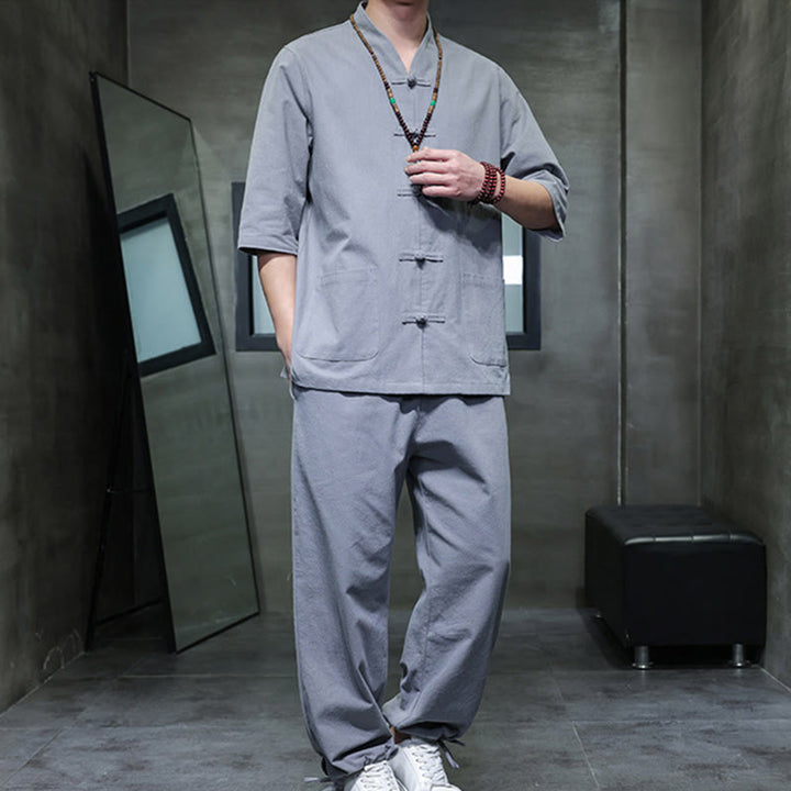 Set di 2 pezzi di tuta da uomo in cotone e lino con bottoni a rana, camicia e pantaloni con tasche, per meditazione, Buddha Stones