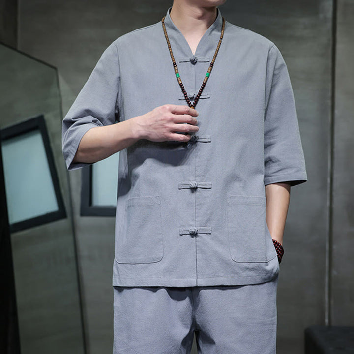 Set di 2 pezzi di tuta da uomo in cotone e lino con bottoni a rana, camicia e pantaloni con tasche, per meditazione, Buddha Stones