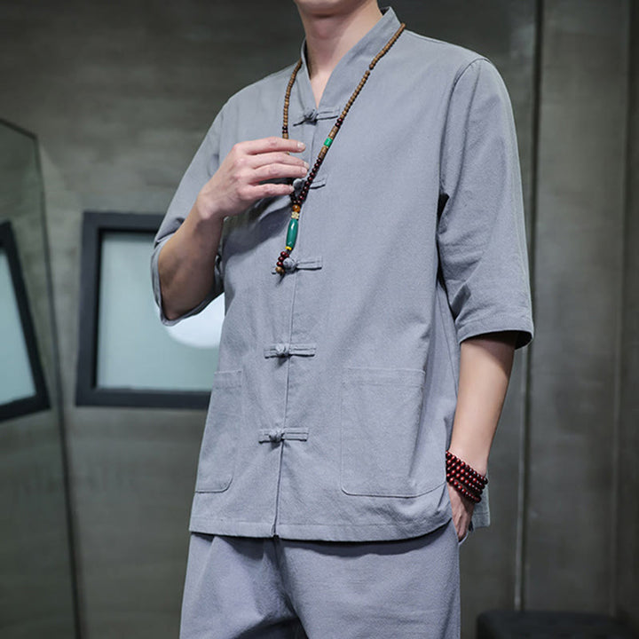 Set di 2 pezzi di tuta da uomo in cotone e lino con bottoni a rana, camicia e pantaloni con tasche, per meditazione, Buddha Stones