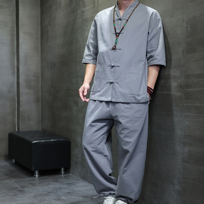 Set di 2 pezzi di tuta da uomo in cotone e lino con bottoni a rana, camicia e pantaloni con tasche, per meditazione, Buddha Stones