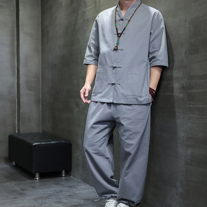 Set di 2 pezzi di tuta da uomo in cotone e lino con bottoni a rana, camicia e pantaloni con tasche, per meditazione, Buddha Stones