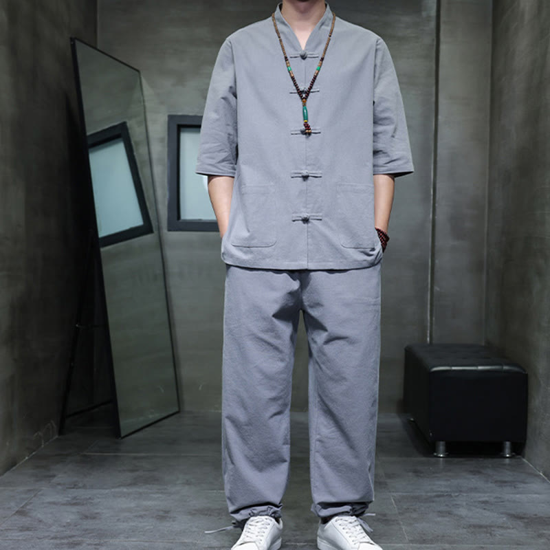 Set di 2 pezzi di tuta da uomo in cotone e lino con bottoni a rana, camicia e pantaloni con tasche, per meditazione, Buddha Stones