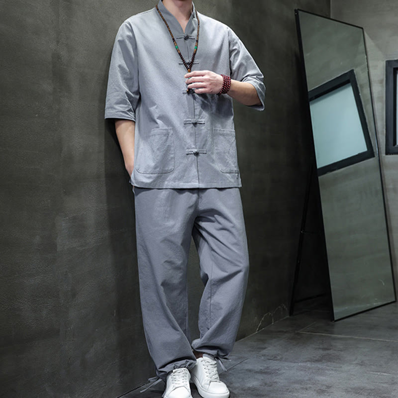 Set di 2 pezzi di tuta da uomo in cotone e lino con bottoni a rana, camicia e pantaloni con tasche, per meditazione, Buddha Stones