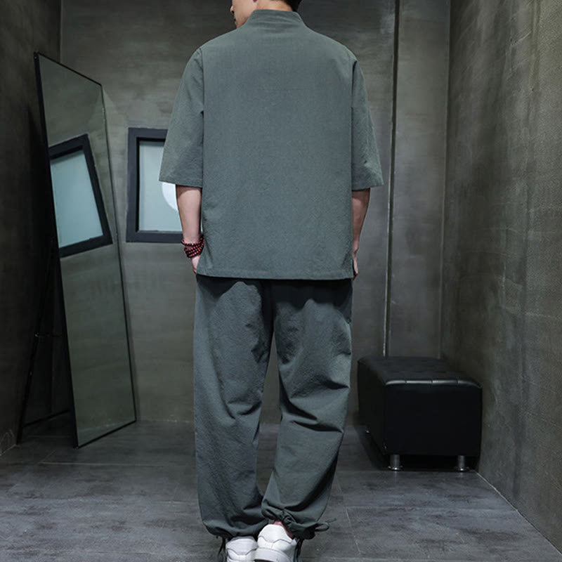 Set di 2 pezzi di tuta da uomo in cotone e lino con bottoni a rana, camicia e pantaloni con tasche, per meditazione, Buddha Stones