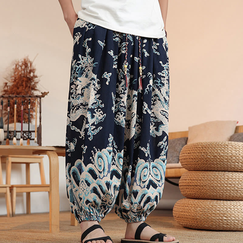 Pantaloni harem da uomo in cotone con stampa drago Buddha Stones, alla caviglia, con tasche