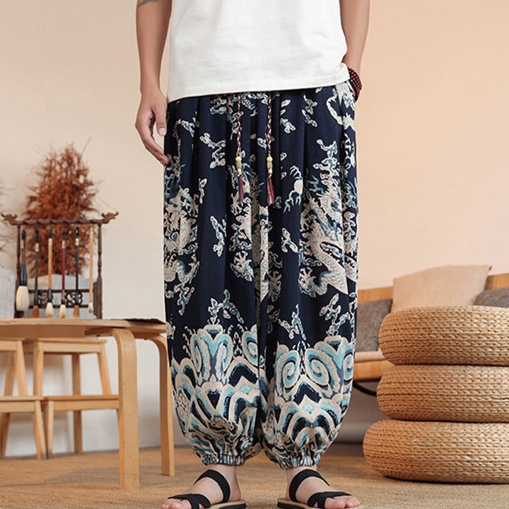 Pantaloni harem da uomo in cotone con stampa drago Buddha Stones, alla caviglia, con tasche