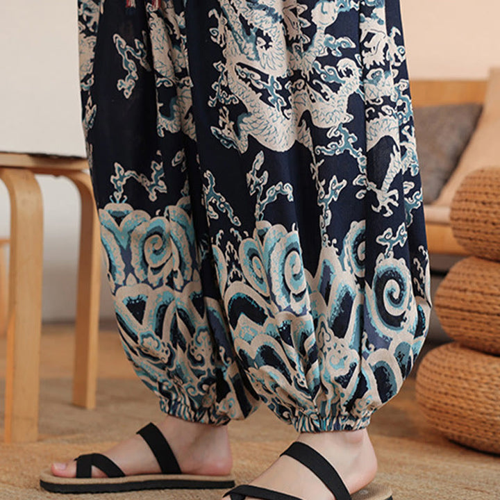 Pantaloni harem da uomo in cotone con stampa drago Buddha Stones, alla caviglia, con tasche