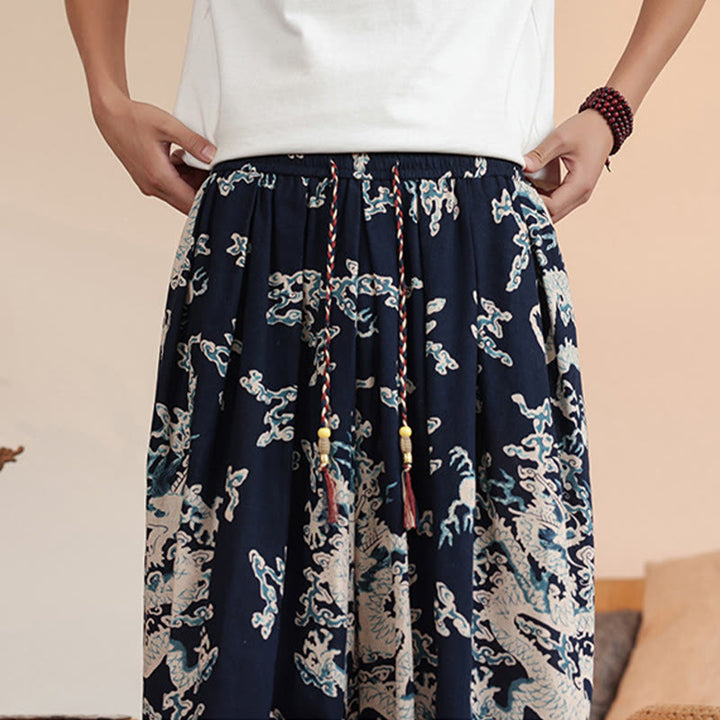 Pantaloni harem da uomo in cotone con stampa drago Buddha Stones, alla caviglia, con tasche