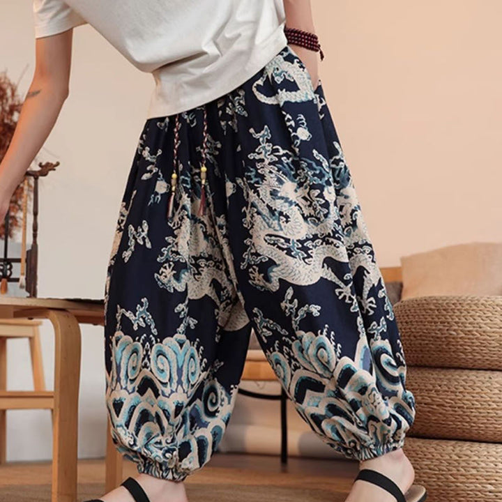 Pantaloni harem da uomo in cotone con stampa drago Buddha Stones, alla caviglia, con tasche