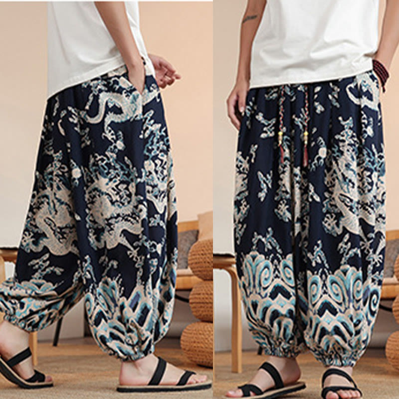 Pantaloni harem da uomo in cotone con stampa drago Buddha Stones, alla caviglia, con tasche
