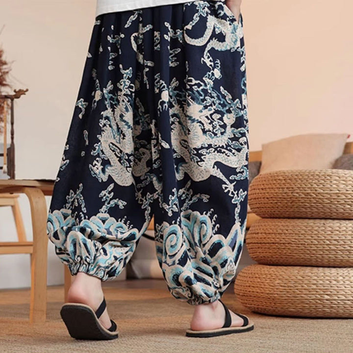 Pantaloni harem da uomo in cotone con stampa drago Buddha Stones, alla caviglia, con tasche