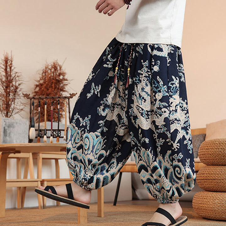 Pantaloni harem da uomo in cotone con stampa drago Buddha Stones, alla caviglia, con tasche