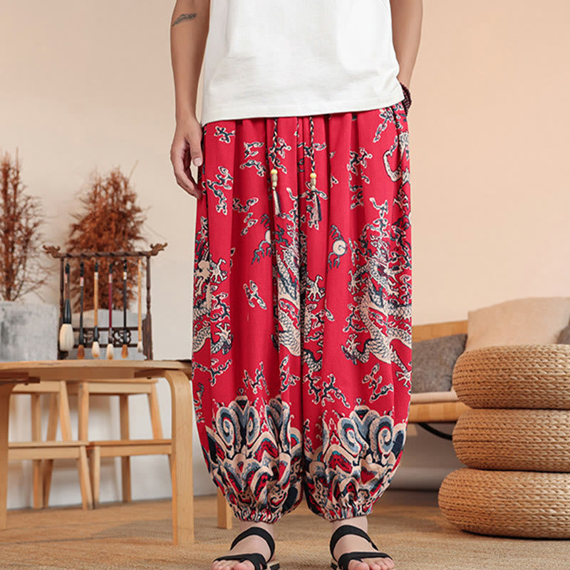 Pantaloni harem da uomo in cotone con stampa drago Buddha Stones, alla caviglia, con tasche