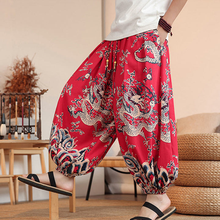 Pantaloni harem da uomo in cotone con stampa drago Buddha Stones, alla caviglia, con tasche