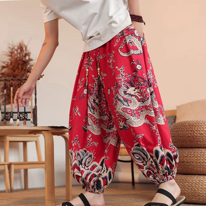 Pantaloni harem da uomo in cotone con stampa drago Buddha Stones, alla caviglia, con tasche