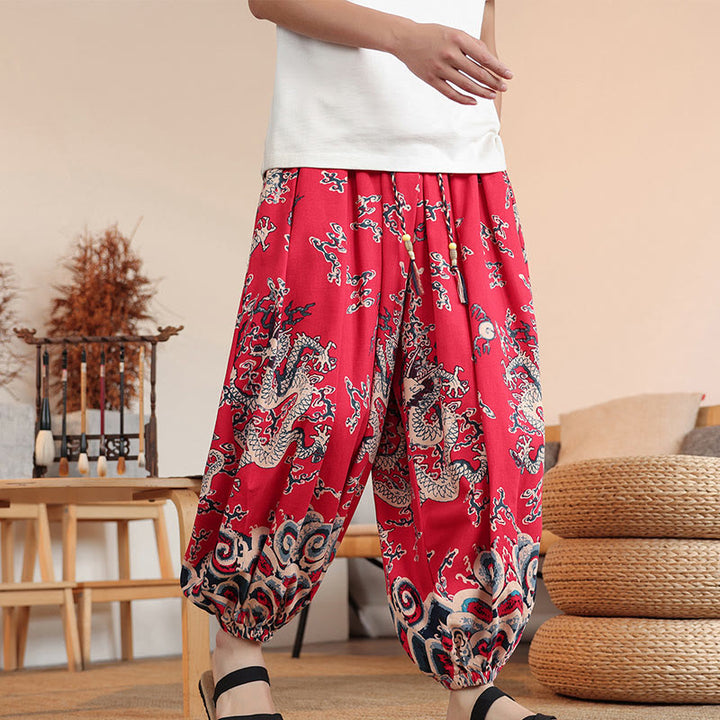 Pantaloni harem da uomo in cotone con stampa drago Buddha Stones, alla caviglia, con tasche