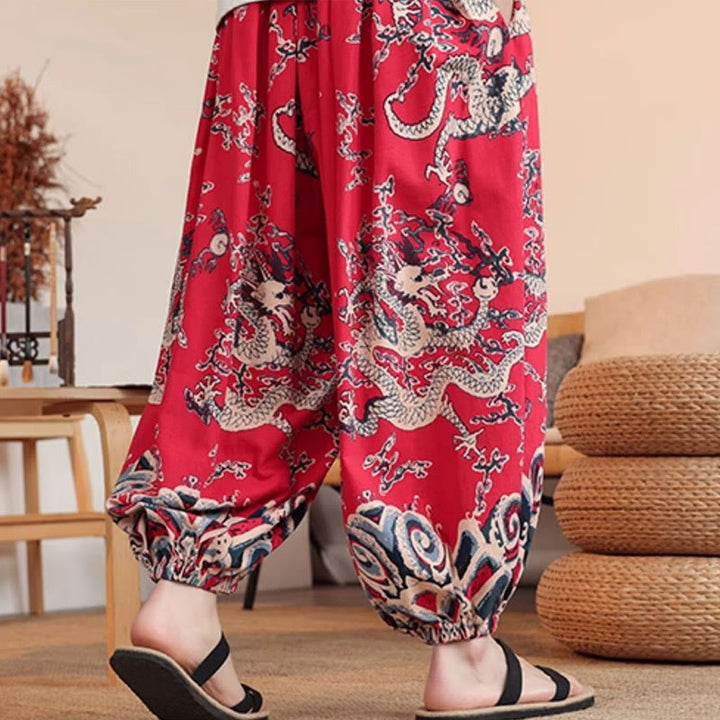 Pantaloni harem da uomo in cotone con stampa drago Buddha Stones, alla caviglia, con tasche