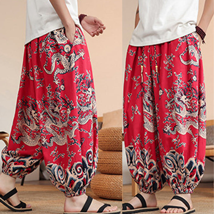 Pantaloni harem da uomo in cotone con stampa drago Buddha Stones, alla caviglia, con tasche
