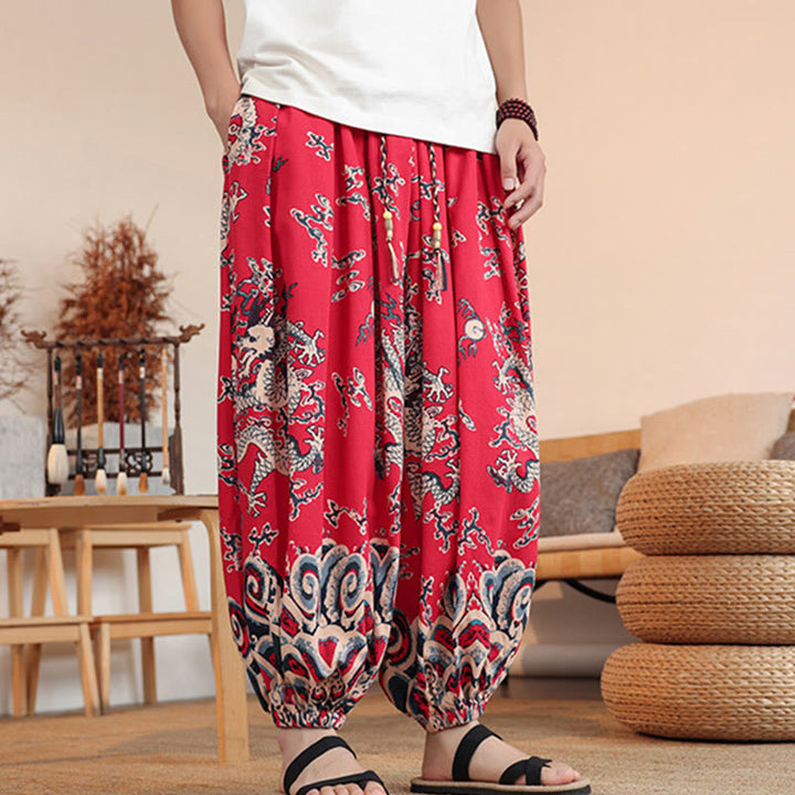 Pantaloni harem da uomo in cotone con stampa drago Buddha Stones, alla caviglia, con tasche