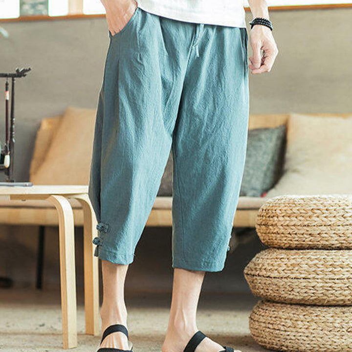 Buddha Stones Pantaloni harem da uomo in cotone con ricamo a gru e tasche - image 8
