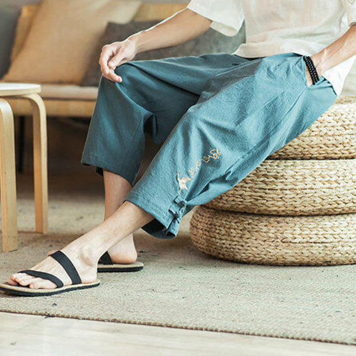 Buddha Stones Pantaloni harem da uomo in cotone con ricamo a gru e tasche - image 9