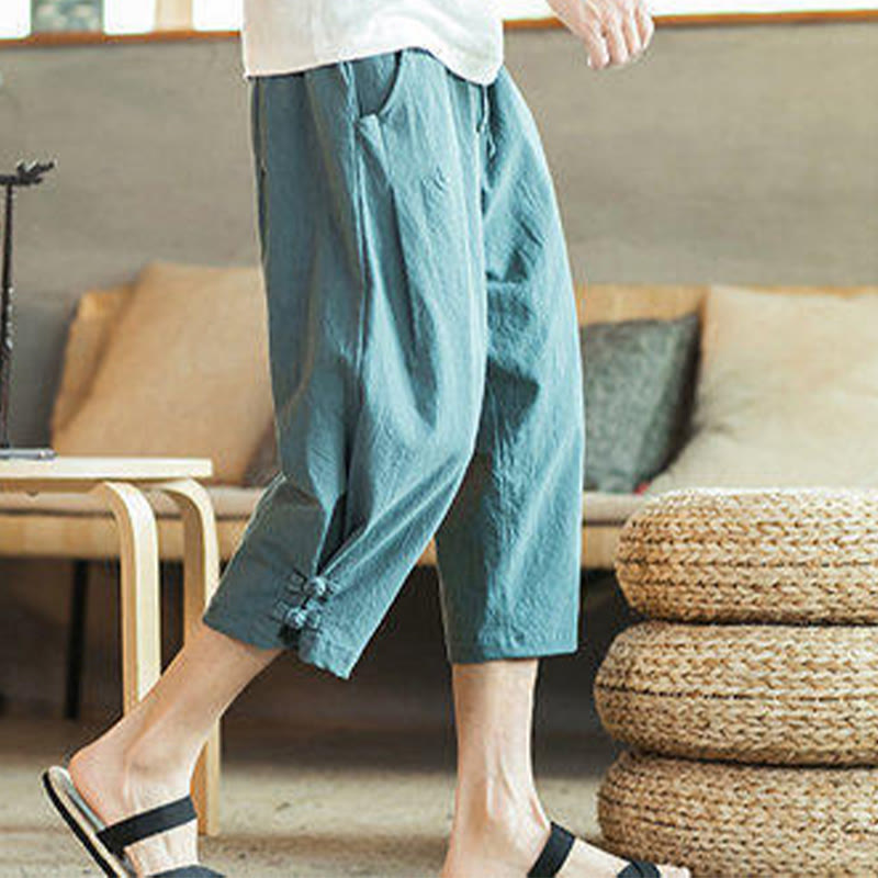 Buddha Stones Pantaloni harem da uomo in cotone con ricamo a gru e tasche - image 6
