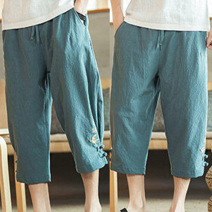 Buddha Stones Pantaloni harem da uomo in cotone con ricamo a gru e tasche - image 10