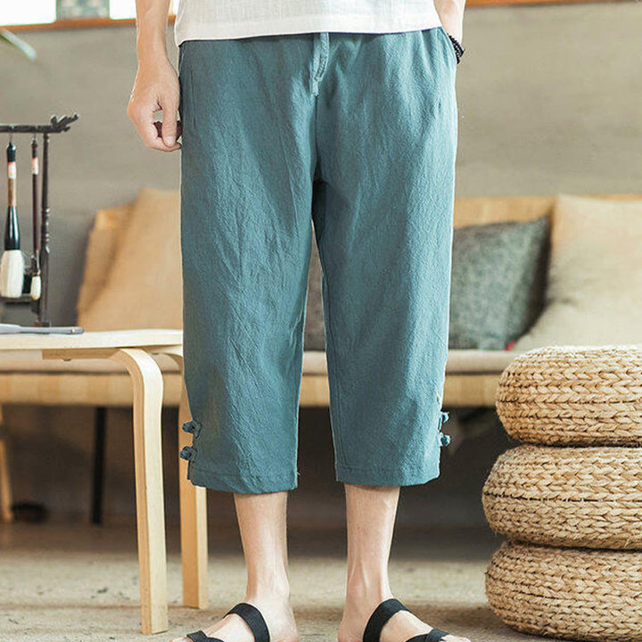 Buddha Stones Pantaloni harem da uomo in cotone con ricamo a gru e tasche - image 5