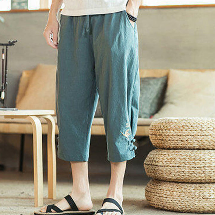 Buddha Stones Pantaloni harem da uomo in cotone con ricamo a gru e tasche - image 7