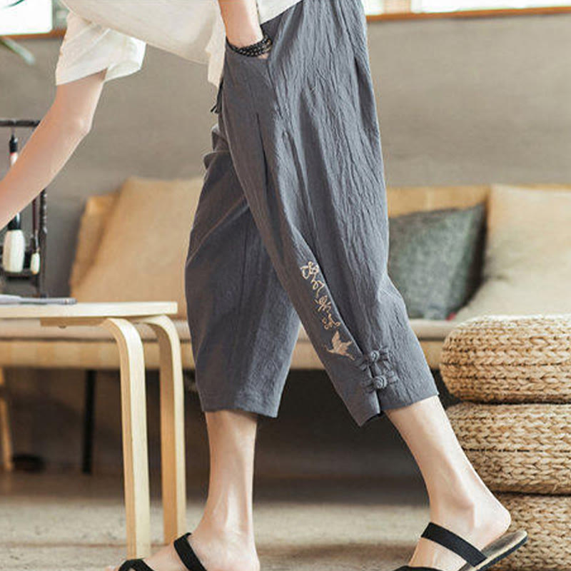 Buddha Stones Pantaloni harem da uomo in cotone con ricamo a gru e tasche - image 16