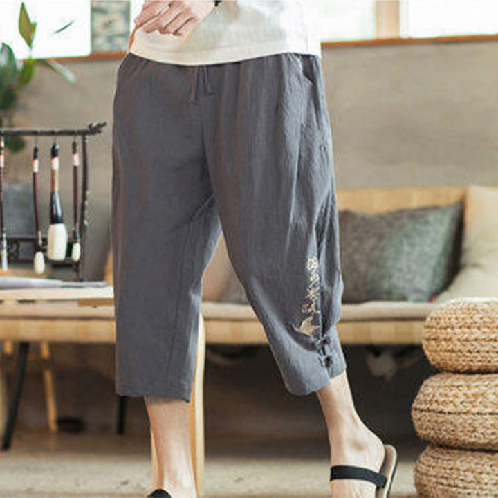 Buddha Stones Pantaloni harem da uomo in cotone con ricamo a gru e tasche - image 15