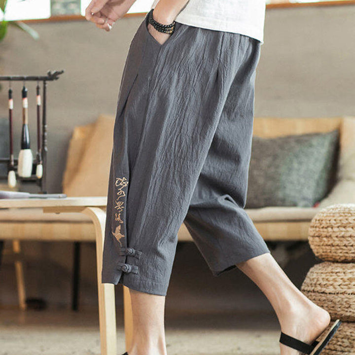 Buddha Stones Pantaloni harem da uomo in cotone con ricamo a gru e tasche - image 14