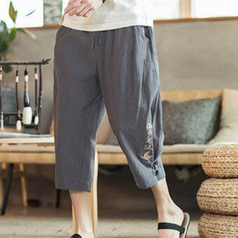 Buddha Stones Pantaloni harem da uomo in cotone con ricamo a gru e tasche - image 15