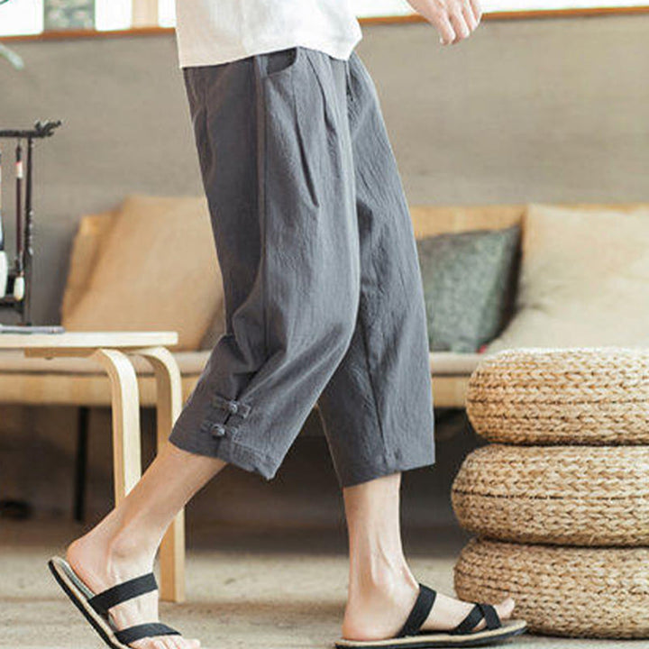 Buddha Stones Pantaloni harem da uomo in cotone con ricamo a gru e tasche - image 13