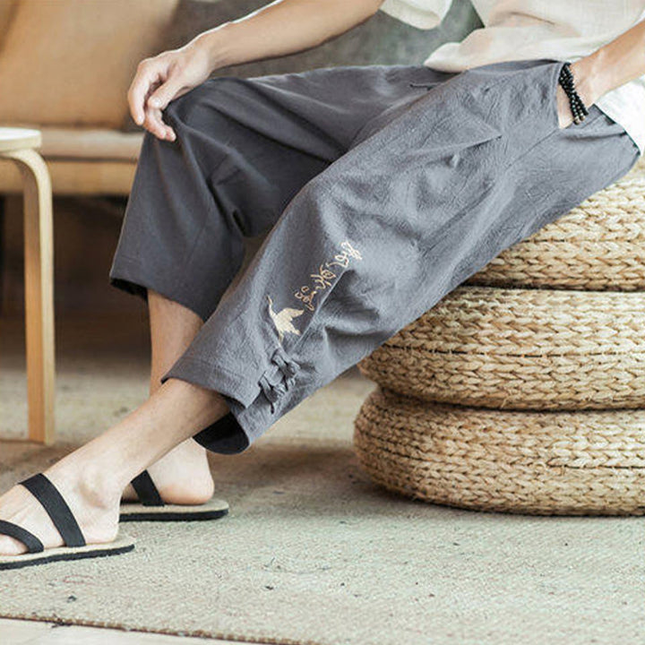 Buddha Stones Pantaloni harem da uomo in cotone con ricamo a gru e tasche - image 17