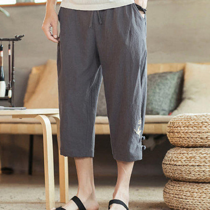 Buddha Stones Pantaloni harem da uomo in cotone con ricamo a gru e tasche - image 12