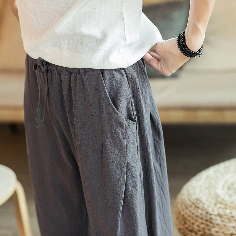 Buddha Stones Pantaloni harem da uomo in cotone con ricamo a gru e tasche - image 19