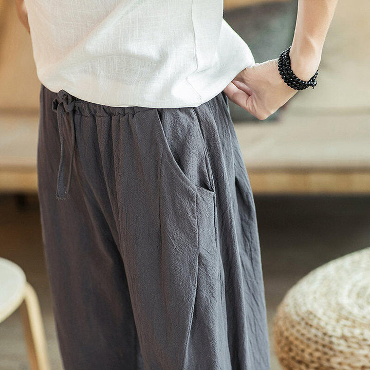 Buddha Stones Pantaloni harem da uomo in cotone con ricamo a gru e tasche - image 19