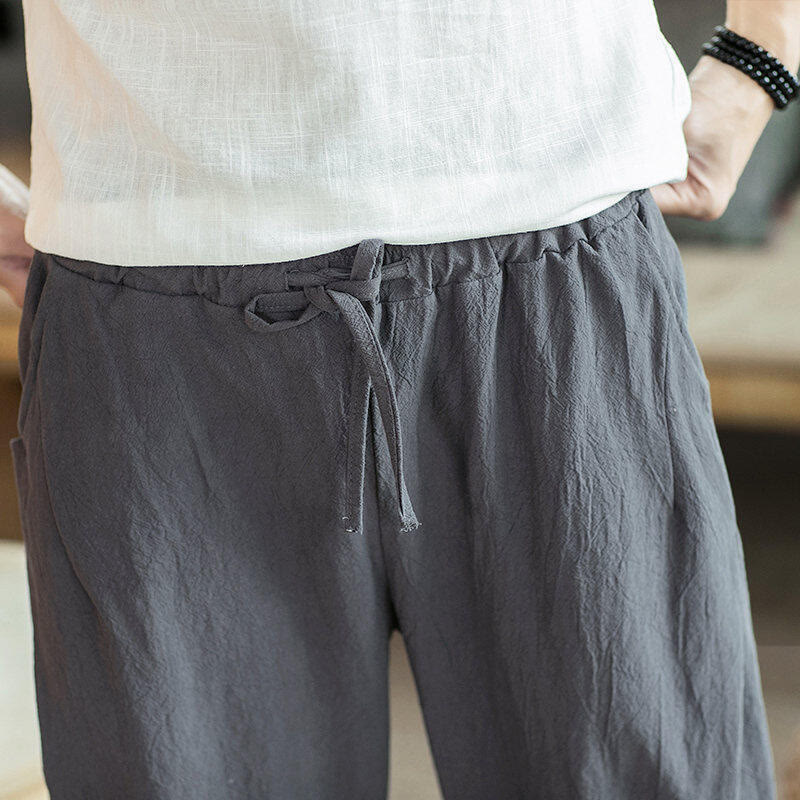 Buddha Stones Pantaloni harem da uomo in cotone con ricamo a gru e tasche - image 20