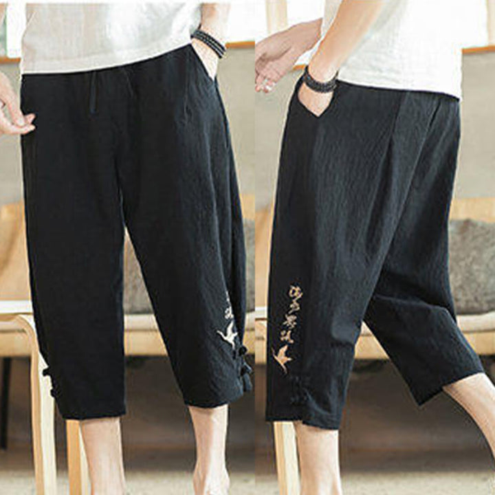 Buddha Stones Pantaloni harem da uomo in cotone con ricamo a gru e tasche - image 29