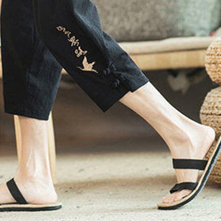 Buddha Stones Pantaloni harem da uomo in cotone con ricamo a gru e tasche - image 30