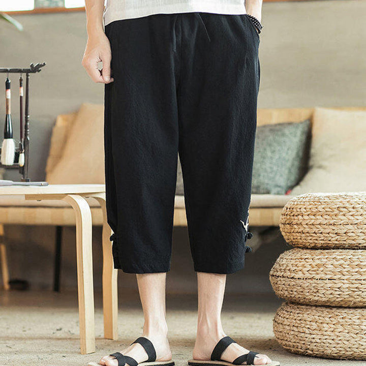 Buddha Stones Pantaloni harem da uomo in cotone con ricamo a gru e tasche - image 23
