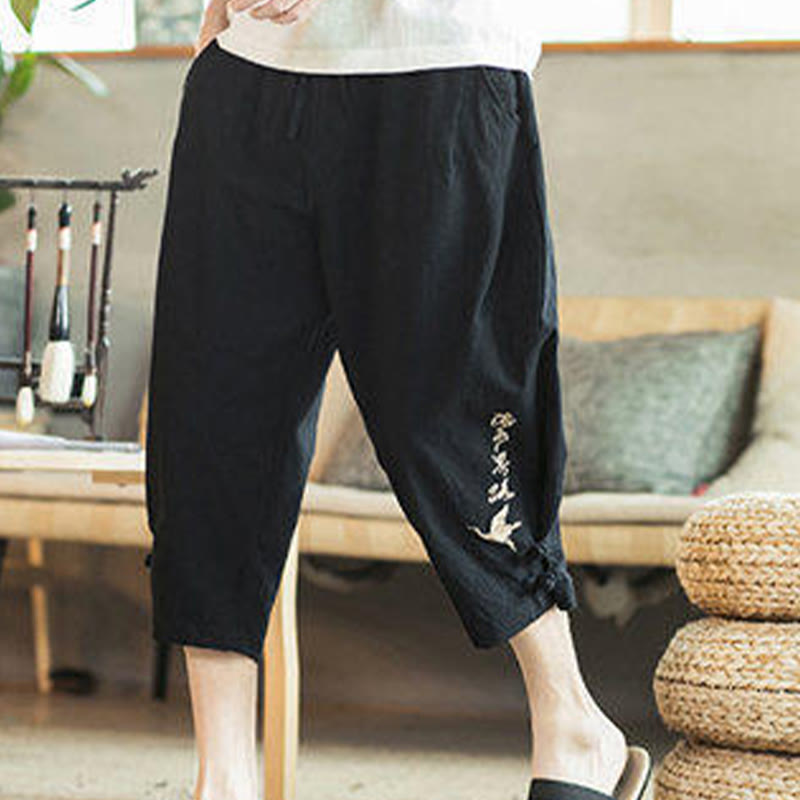 Buddha Stones Pantaloni harem da uomo in cotone con ricamo a gru e tasche - image 28