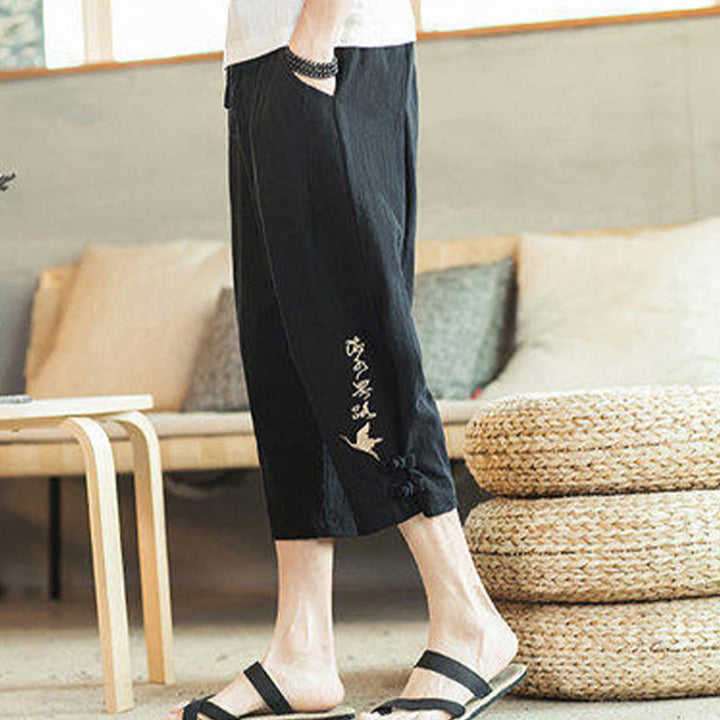 Buddha Stones Pantaloni harem da uomo in cotone con ricamo a gru e tasche - image 26