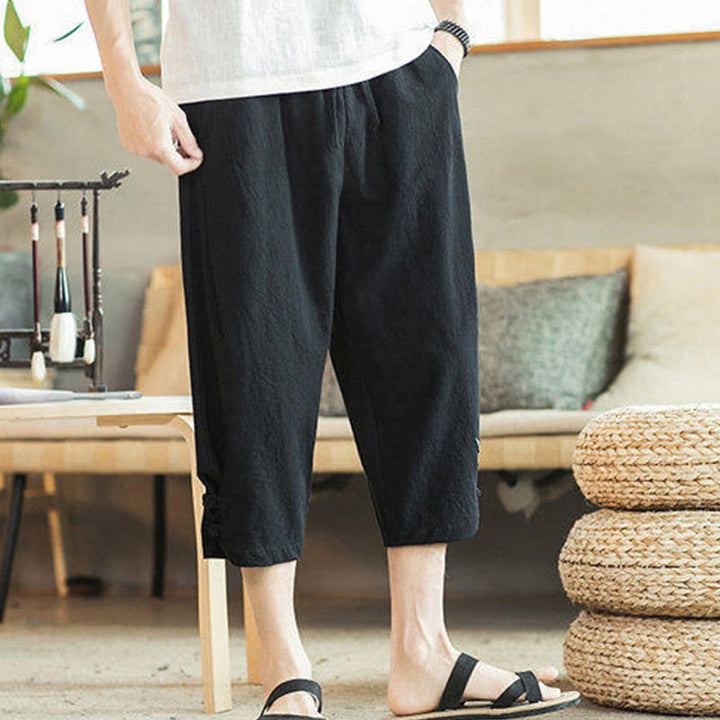 Buddha Stones Pantaloni harem da uomo in cotone con ricamo a gru e tasche - image 24